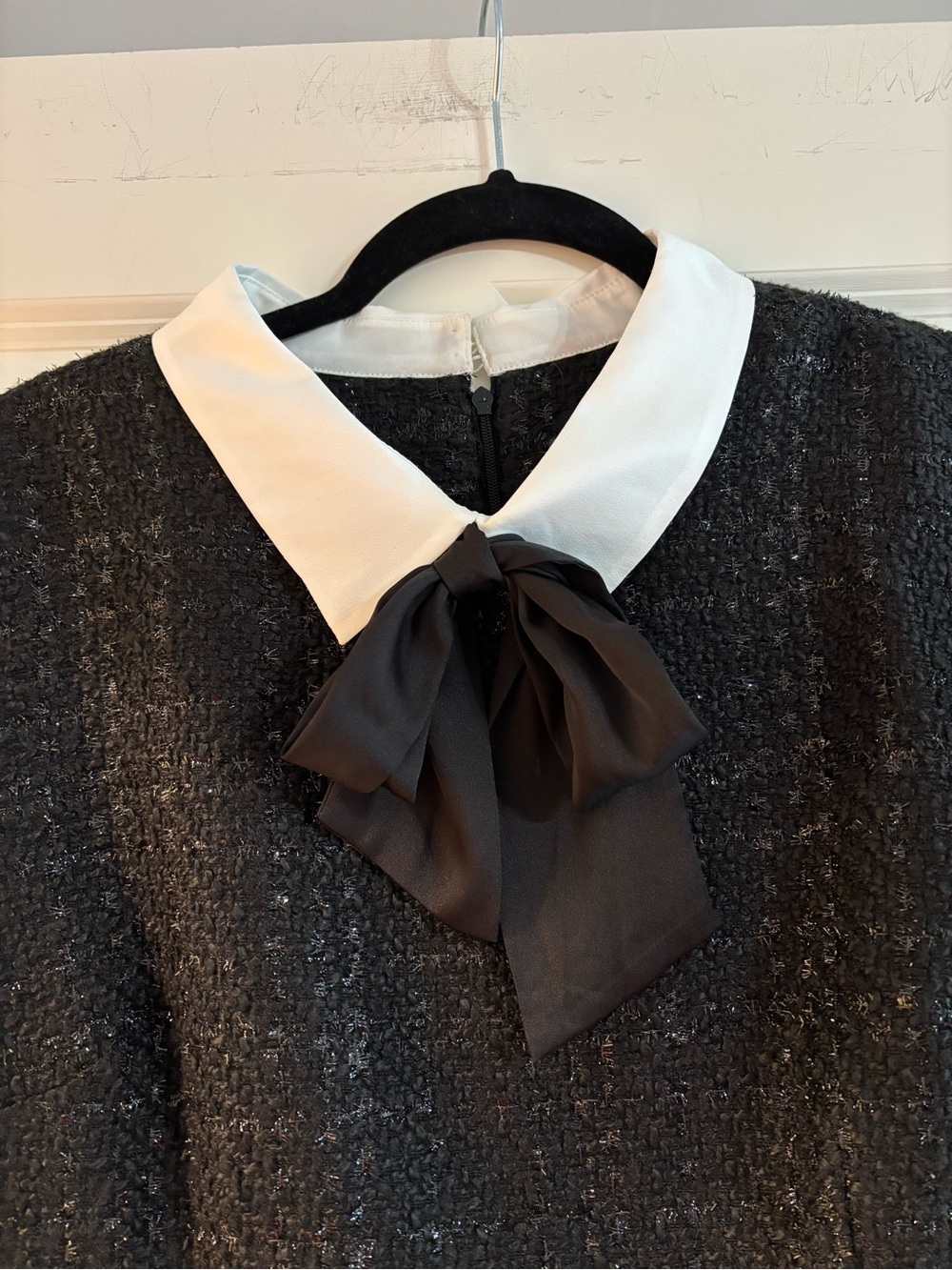 Karl Lagerfeld Black Tweed Sheath Dress with White Collar and Satin Bow - Picture 6 of 11
